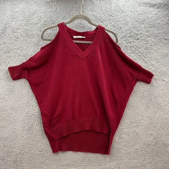 Trina‎ Turk Women's Burgundy Cold Shoulder V-Neck Sweater Short Sleeves ? Size - Picture 1 of 10